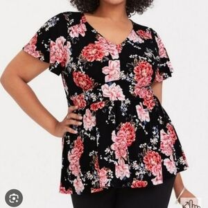 Torrid Black and Pink Ruffled Peplum Blouse